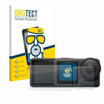 Parte frontal de un envase de producto con el logotipo de la marca BROTECT. Al lado se muestra el dispositivo DJI Osmo Action 