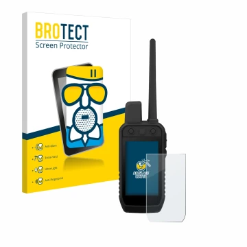 Parte frontal de un envase de producto con el logotipo de la marca BROTECT. Al lado se muestra el dispositivo Garmin Alpha 300