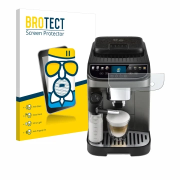 Parte frontal de un envase de producto con el logotipo de la marca BROTECT. Al lado se muestra el dispositivo DeLonghi Magnifi