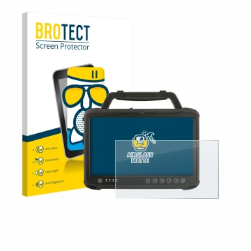 Parte frontal de un envase de producto con el logotipo de la marca BROTECT. Al lado se muestra el dispositivo Winmate M133WK c