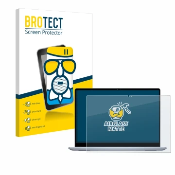 Parte frontal de un envase de producto con el logotipo de la marca BROTECT. Al lado se muestra el dispositivo Dell Inspiron 14