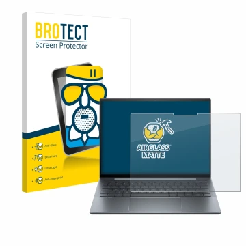 Parte frontal de un envase de producto con el logotipo de la marca BROTECT. Al lado se muestra el dispositivo HP Dragonfly 13.