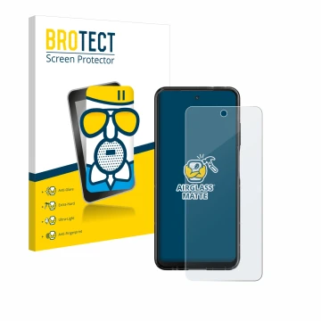 Parte frontal de un envase de producto con el logotipo de la marca BROTECT. Al lado se muestra el dispositivo HMD Fusion con s