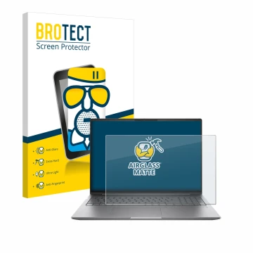 Parte frontal de un envase de producto con el logotipo de la marca BROTECT. Al lado se muestra el dispositivo HP ZBook Power 1