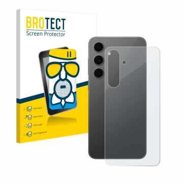 Parte frontal de un envase de producto con el logotipo de la marca BROTECT. Al lado se muestra el dispositivo Samsung Galaxy S