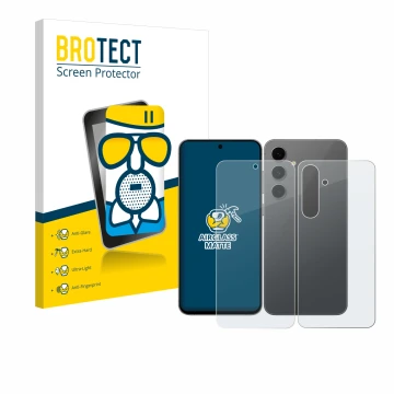 Parte frontal de un envase de producto con el logotipo de la marca BROTECT. Al lado se muestra el dispositivo Samsung Galaxy S