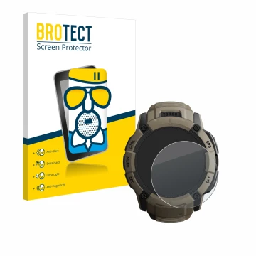Parte frontal de un envase de producto con el logotipo de la marca BROTECT. Al lado se muestra el dispositivo Garmin Instinct 