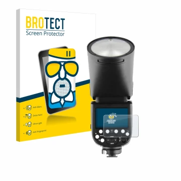 Parte frontal de un envase de producto con el logotipo de la marca BROTECT. Al lado se muestra el dispositivo Godox TT685 II c