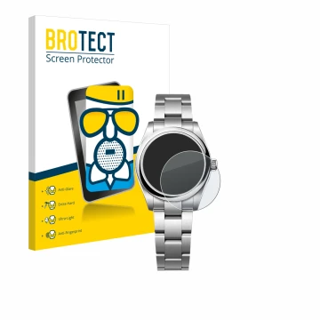 Parte frontal de un envase de producto con el logotipo de la marca BROTECT. Al lado se muestra el dispositivo Rolex Oyster Per