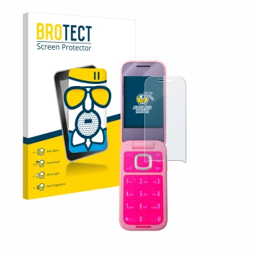 Parte frontal de un envase de producto con el logotipo de la marca BROTECT. Al lado se muestra el dispositivo HMD Barbie Phone