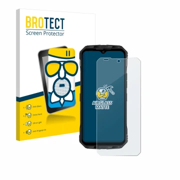 Parte frontal de un envase de producto con el logotipo de la marca BROTECT. Al lado se muestra el dispositivo Doogee V Max Plu