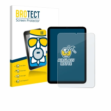 Parte frontal de un envase de producto con el logotipo de la marca BROTECT. Al lado se muestra el dispositivo Apple iPad Mini 