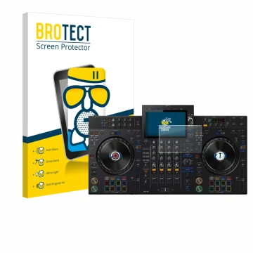 Parte frontal de un envase de producto con el logotipo de la marca BROTECT. Al lado se muestra el dispositivo AlphaTheta XDJ-A