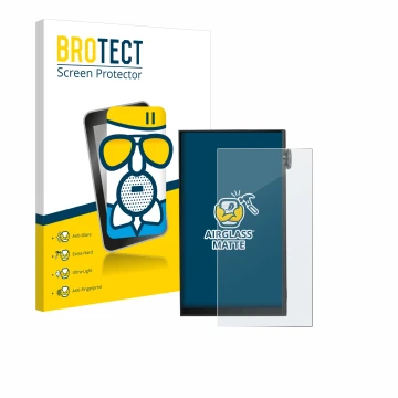 Parte frontal de un envase de producto con el logotipo de la marca BROTECT. Al lado se muestra el dispositivo iBasso DX180 con