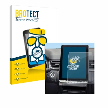 Parte frontal de un envase de producto con el logotipo de la marca BROTECT. Al lado se muestra el dispositivo Renault Symbioz 