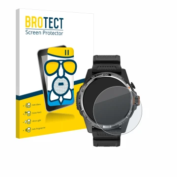 Parte frontal de un envase de producto con el logotipo de la marca BROTECT. Al lado se muestra el dispositivo Mobvoi Ticwatch 
