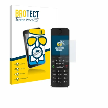 Parte frontal de un envase de producto con el logotipo de la marca BROTECT. Al lado se muestra el dispositivo AVM Fritz!Fon C6