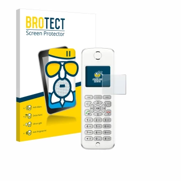 Parte frontal de un envase de producto con el logotipo de la marca BROTECT. Al lado se muestra el dispositivo AVM Fritz!Fon M2