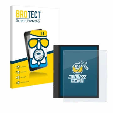 Parte frontal de un envase de producto con el logotipo de la marca BROTECT. Al lado se muestra el dispositivo Boox Note Air 4 