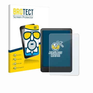 Parte frontal de un envase de producto con el logotipo de la marca BROTECT. Al lado se muestra el dispositivo Amazon Kindle Co