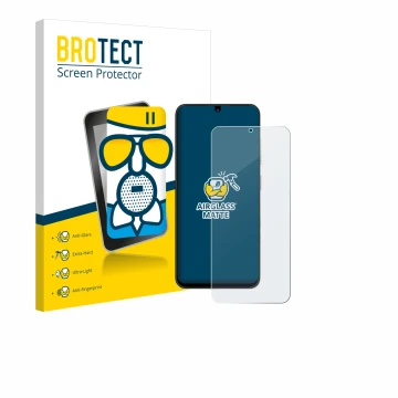 Parte frontal de un envase de producto con el logotipo de la marca BROTECT. Al lado se muestra el dispositivo ZTE Blade A35 co
