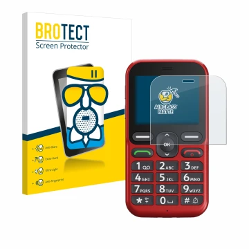 Parte frontal de un envase de producto con el logotipo de la marca BROTECT. Al lado se muestra el dispositivo Doro Leva L10 co