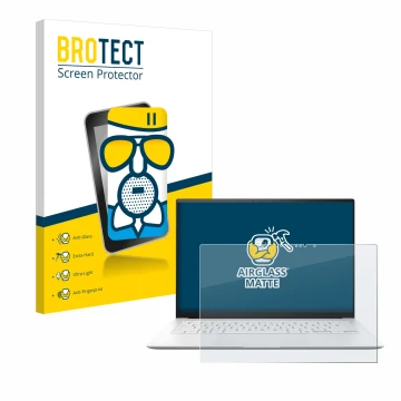 Parte frontal de un envase de producto con el logotipo de la marca BROTECT. Al lado se muestra el dispositivo ASUS ZenBook S 1