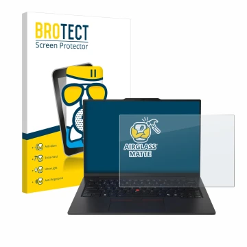 Parte frontal de un envase de producto con el logotipo de la marca BROTECT. Al lado se muestra el dispositivo Lenovo ThinkPad 