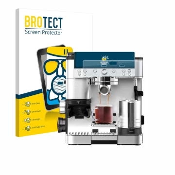 Parte frontal de un envase de producto con el logotipo de la marca BROTECT. Al lado se muestra el dispositivo Ninja Luxe Cafe 