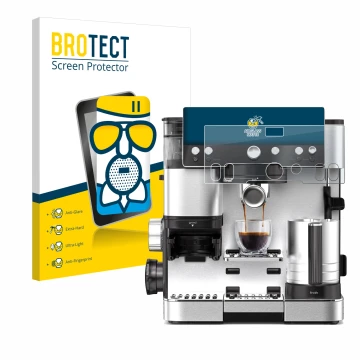 Parte frontal de un envase de producto con el logotipo de la marca BROTECT. Al lado se muestra el dispositivo Ninja Luxe Cafe 