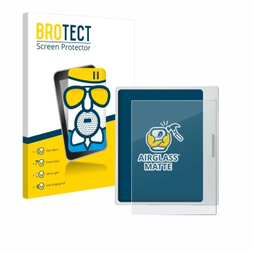 Parte frontal de un envase de producto con el logotipo de la marca BROTECT. Al lado se muestra el dispositivo Boox Go Color 7 