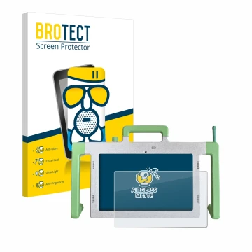 Parte frontal de un envase de producto con el logotipo de la marca BROTECT. Al lado se muestra el dispositivo Telemarie Tablet