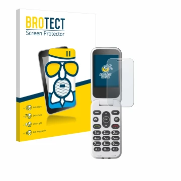 Parte frontal de un envase de producto con el logotipo de la marca BROTECT. Al lado se muestra el dispositivo Doro 2820 con su