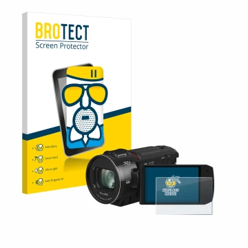 Parte frontal de un envase de producto con el logotipo de la marca BROTECT. Al lado se muestra el dispositivo Panasonic HC-VX3