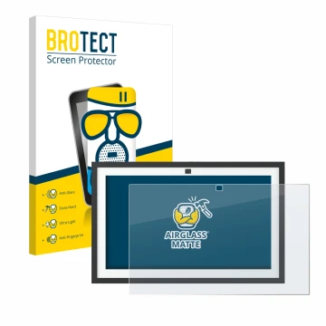 Parte frontal de un envase de producto con el logotipo de la marca BROTECT. Al lado se muestra el dispositivo Amazon Echo Show