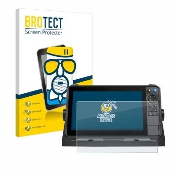 Parte frontal de un envase de producto con el logotipo de la marca BROTECT. Al lado se muestra el dispositivo Lowrance HDS-9 P