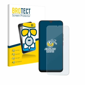 Parte frontal de un envase de producto con el logotipo de la marca BROTECT. Al lado se muestra el dispositivo Volla Phone 22 c