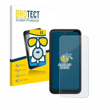 Parte frontal de un envase de producto con el logotipo de la marca BROTECT. Al lado se muestra el dispositivo Volla Phone X23 