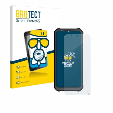 Parte frontal de un envase de producto con el logotipo de la marca BROTECT. Al lado se muestra el dispositivo Sonim XP400 con 