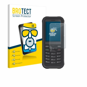 Parte frontal de un envase de producto con el logotipo de la marca BROTECT. Al lado se muestra el dispositivo Sonim XP100 con 
