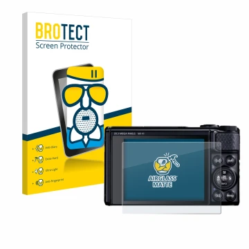 Parte frontal de un envase de producto con el logotipo de la marca BROTECT. Al lado se muestra el dispositivo Canon PowerShot 