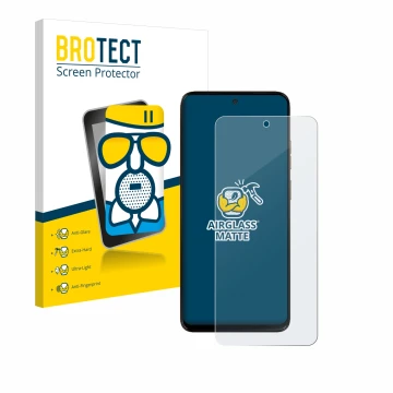 Parte frontal de un envase de producto con el logotipo de la marca BROTECT. Al lado se muestra el dispositivo Motorola Moto G1
