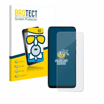 Parte frontal de un envase de producto con el logotipo de la marca BROTECT. Al lado se muestra el dispositivo Motorola Moto G0