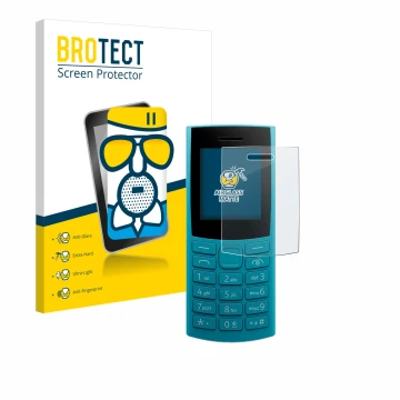 Parte frontal de un envase de producto con el logotipo de la marca BROTECT. Al lado se muestra el dispositivo Nokia 105 4G 2nd