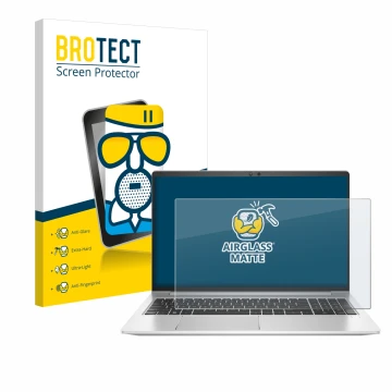 Parte frontal de un envase de producto con el logotipo de la marca BROTECT. Al lado se muestra el dispositivo HP EliteBook 650