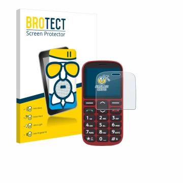 Parte frontal de un envase de producto con el logotipo de la marca BROTECT. Al lado se muestra el dispositivo Doro 1360 con su