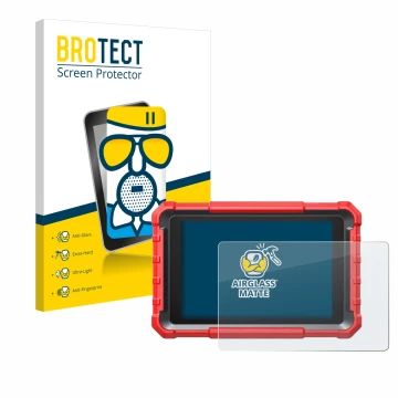 Parte frontal de un envase de producto con el logotipo de la marca BROTECT. Al lado se muestra el dispositivo Launch X-431 PRO