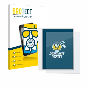 Parte frontal de un envase de producto con el logotipo de la marca BROTECT. Al lado se muestra el dispositivo Boox Note Max co