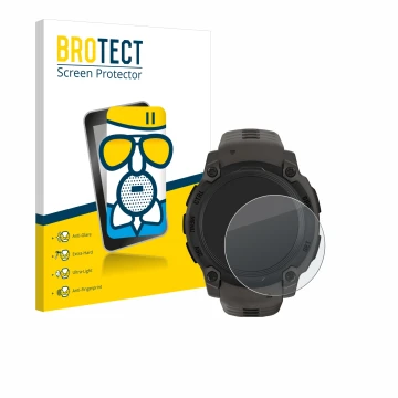 Parte frontal de un envase de producto con el logotipo de la marca BROTECT. Al lado se muestra el dispositivo Garmin Instinct 