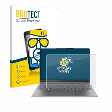 Parte frontal de un envase de producto con el logotipo de la marca BROTECT. Al lado se muestra el dispositivo Lenovo Yoga 7i 2